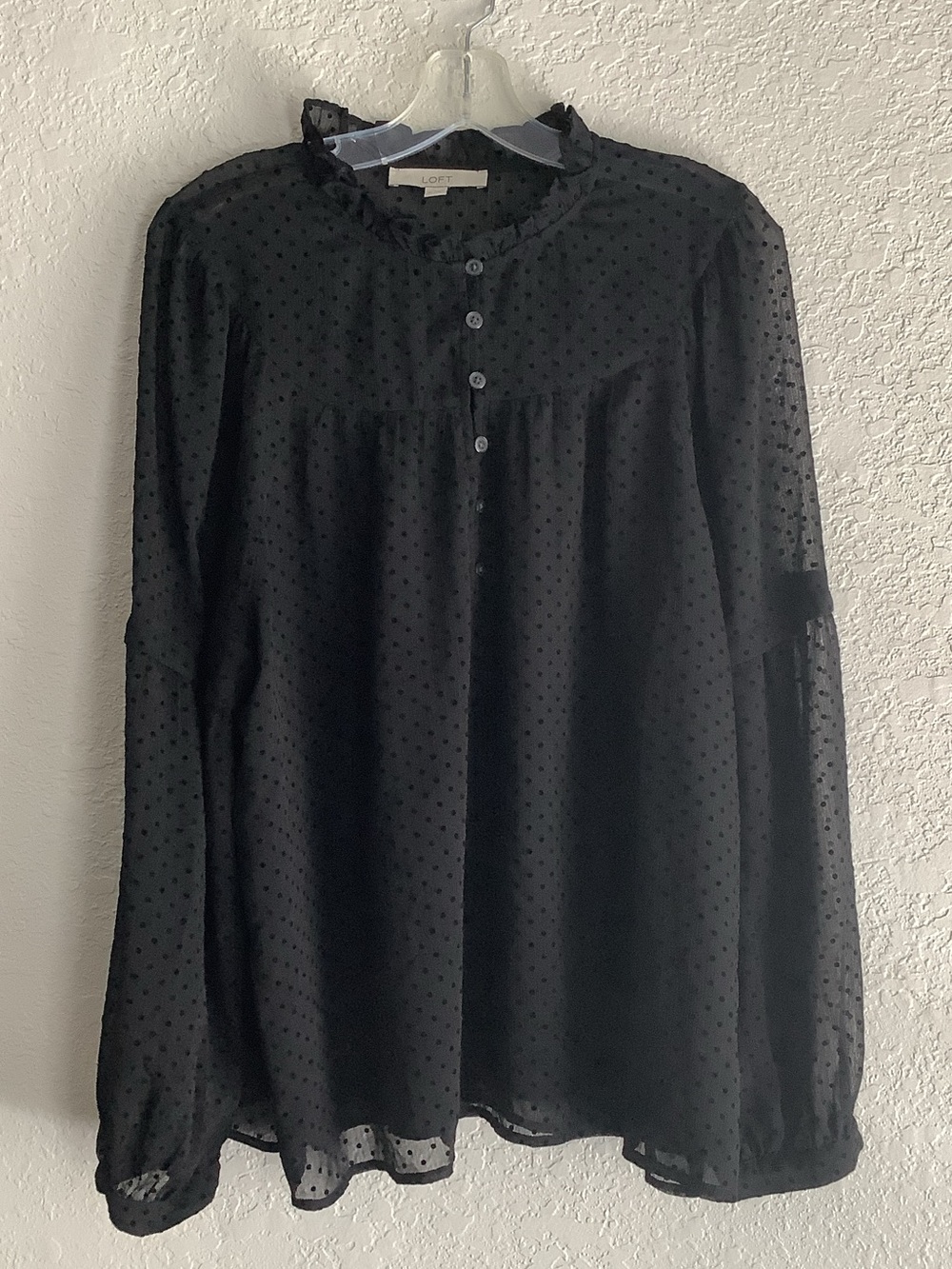 LOFT Sheer Black Swiss Dot Ruffle-Neck Blouse